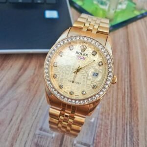 Gold Rolex Watch for Men – Luxury Golden Stainless Steel Designer Wrist Watch with Diamond Style Dial & Premium Bracelet